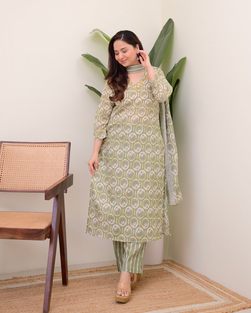 Pista Green Floral Cotton Suit