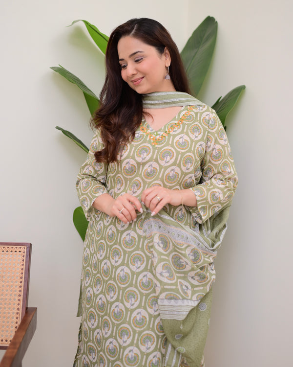 Pista Green Floral Cotton Suit