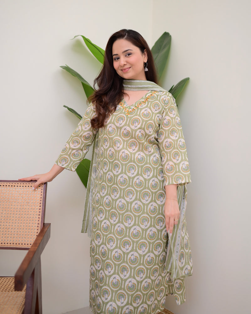 Pista Green Floral Cotton Suit