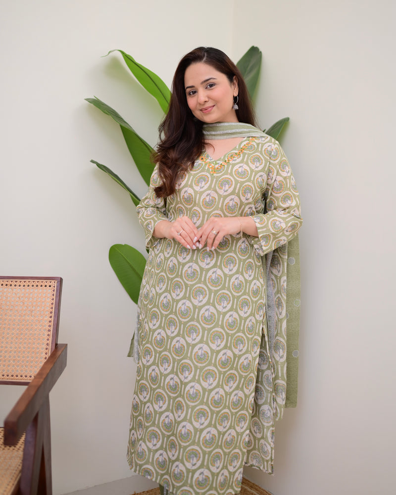 Pista Green Floral Cotton Suit