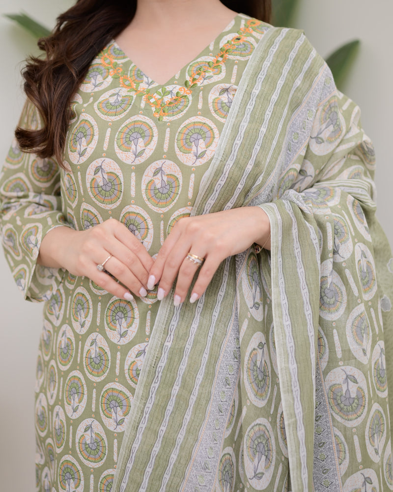 Pista Green Floral Cotton Suit