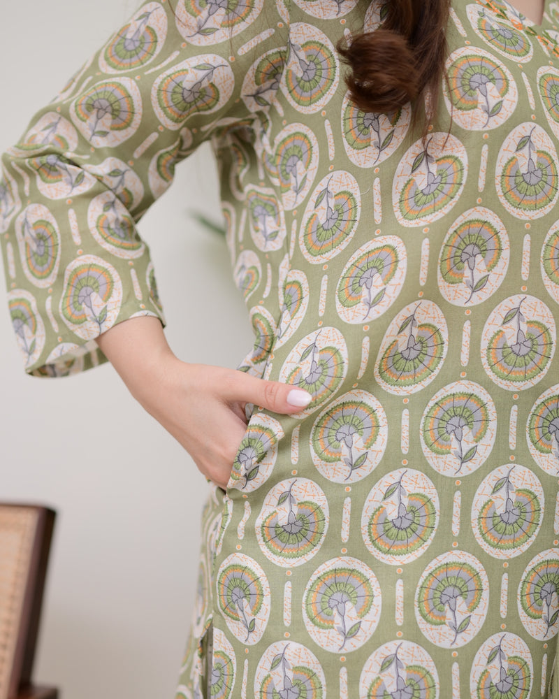 Pista Green Floral Cotton Suit