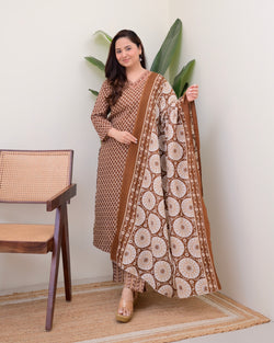 Brown Minimal Floral Cotton Suit