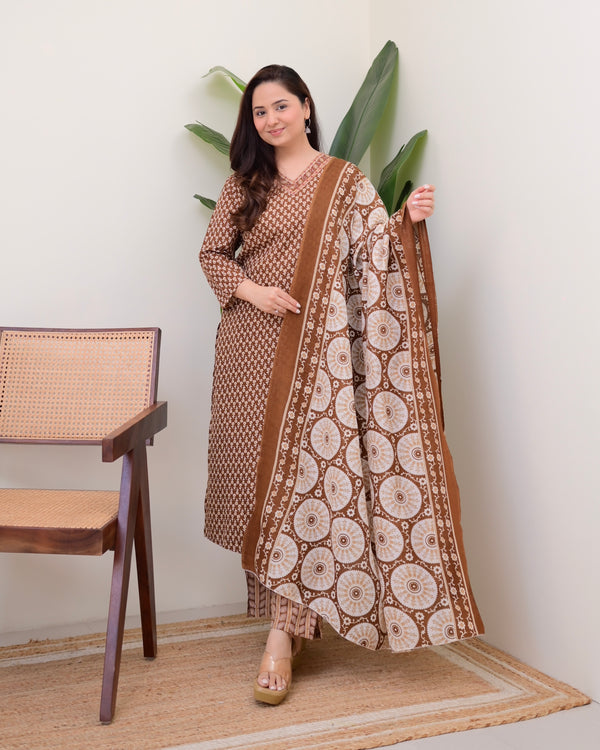 Brown Minimal Floral Cotton Suit