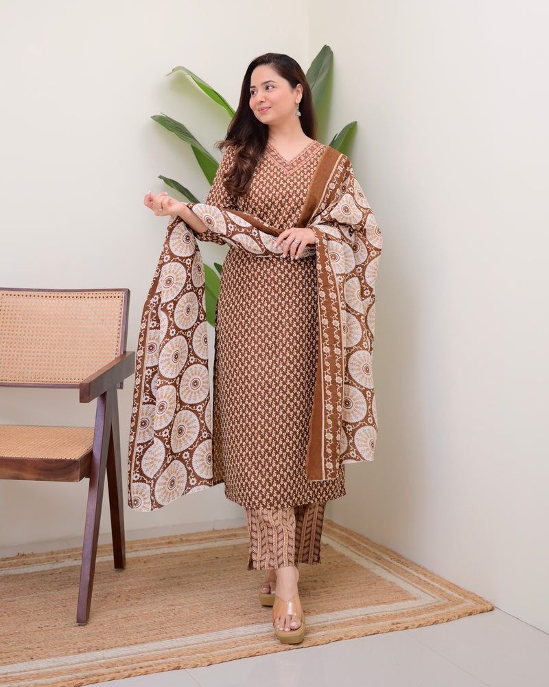 Brown Minimal Floral Cotton Suit