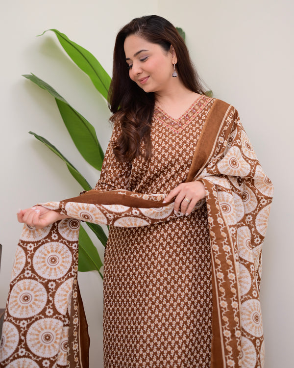 Brown Minimal Floral Cotton Suit