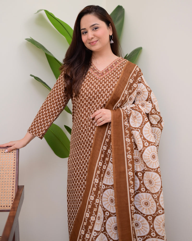 Brown Minimal Floral Cotton Suit