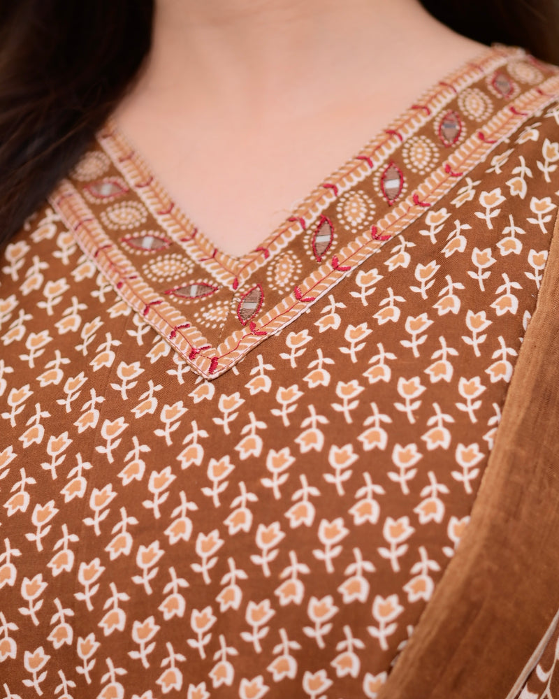 Brown Minimal Floral Cotton Suit