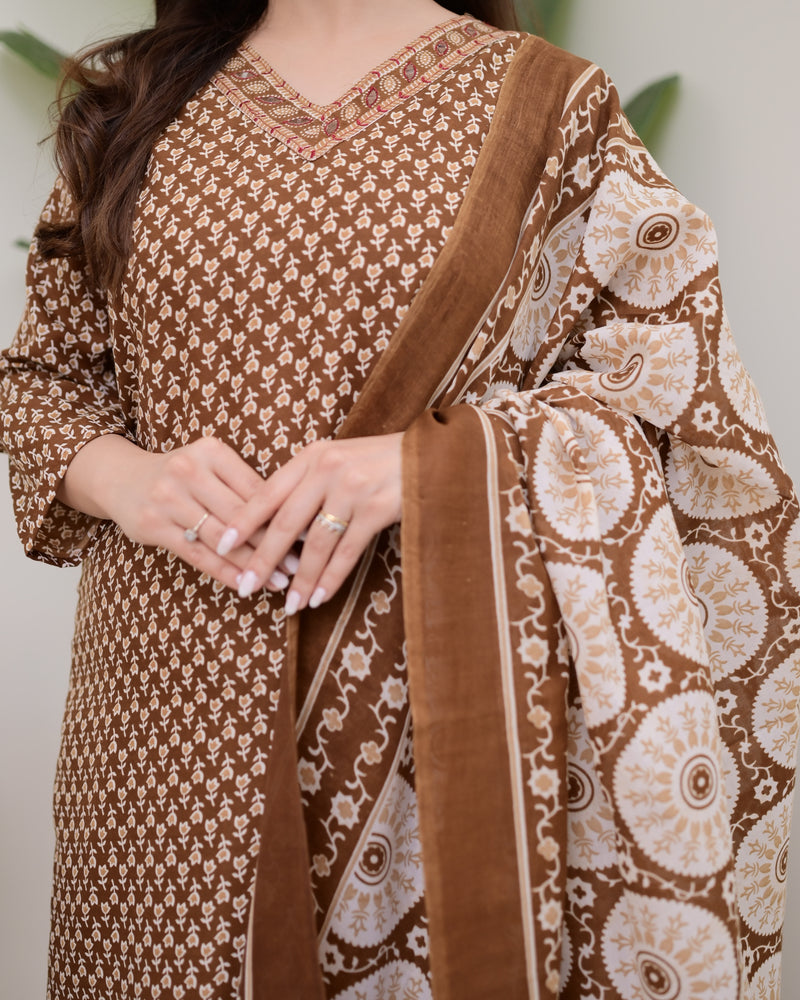 Brown Minimal Floral Cotton Suit