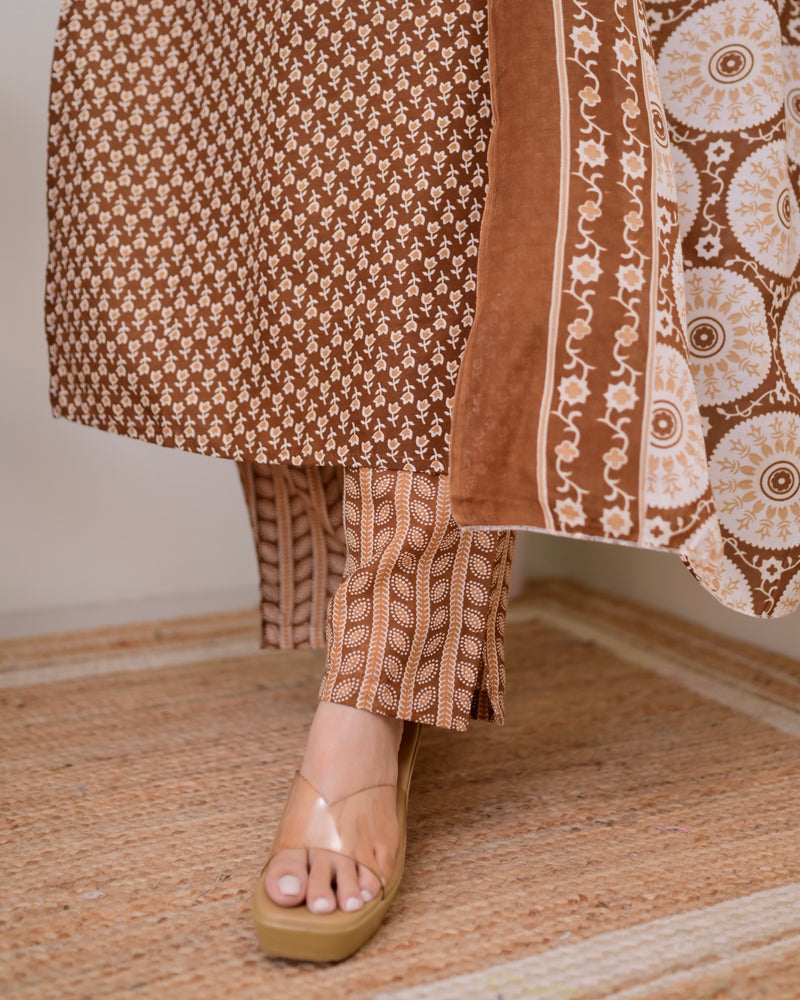 Brown Minimal Floral Cotton Suit