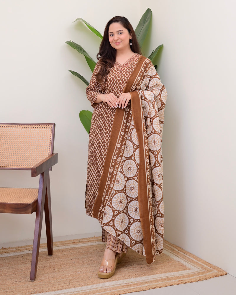 Brown Minimal Floral Cotton Suit