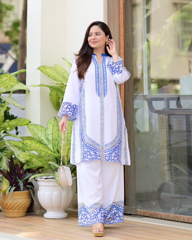 White Blue Moroccan Pakistani Cotton Linen Co-ord