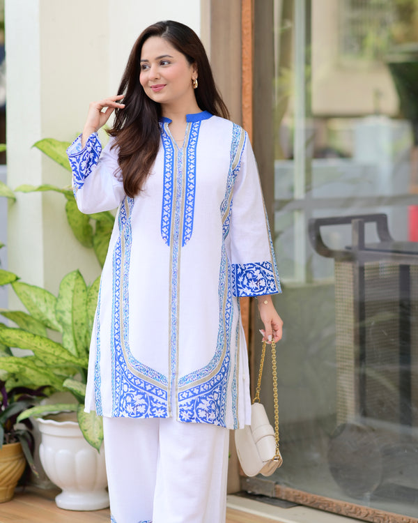 White Blue Moroccan Pakistani Cotton Linen Co-ord