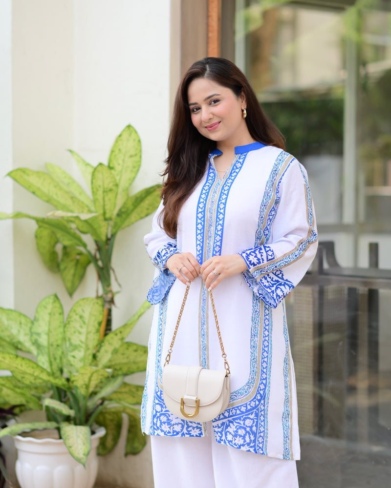 White Blue Moroccan Pakistani Cotton Linen Co-ord