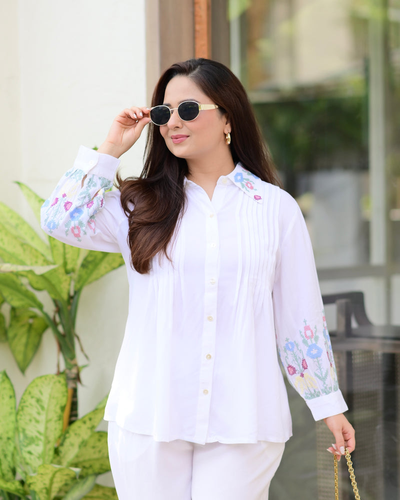White Threadwork Collar Cotton Co-ord