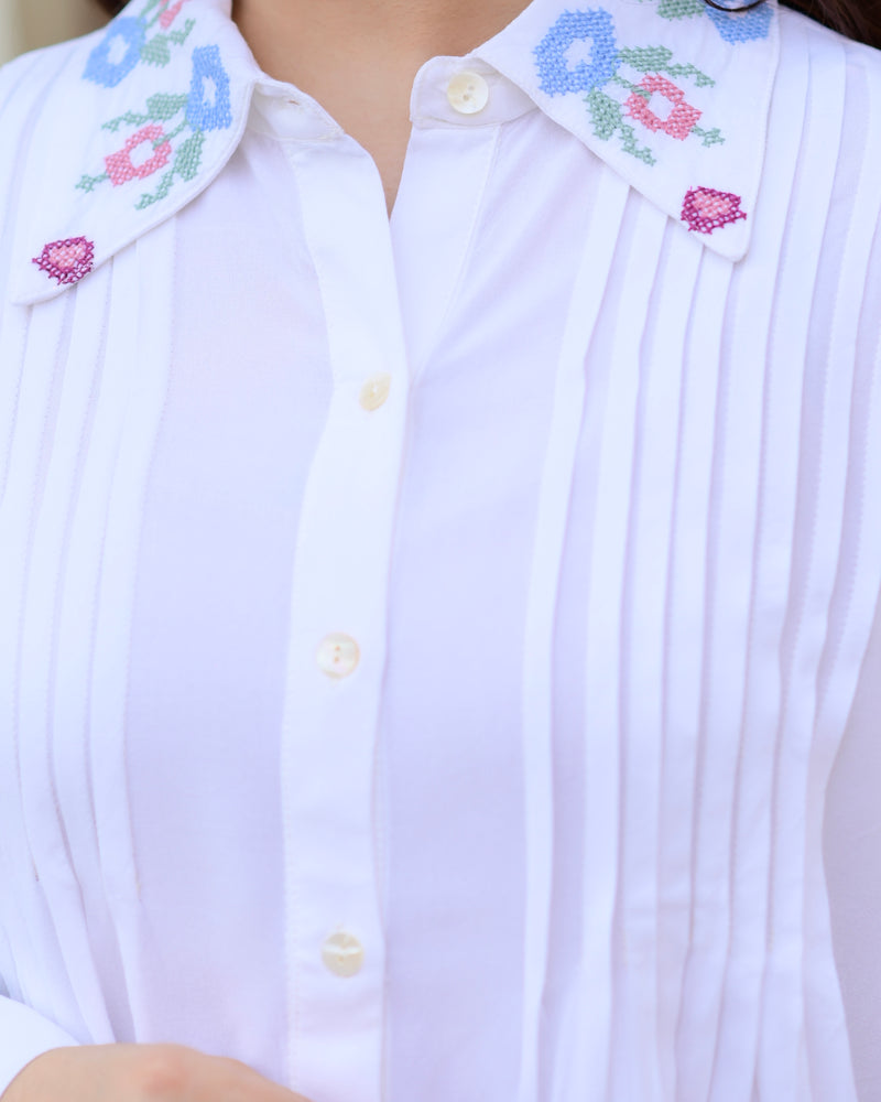 White Threadwork Collar Cotton Co-ord
