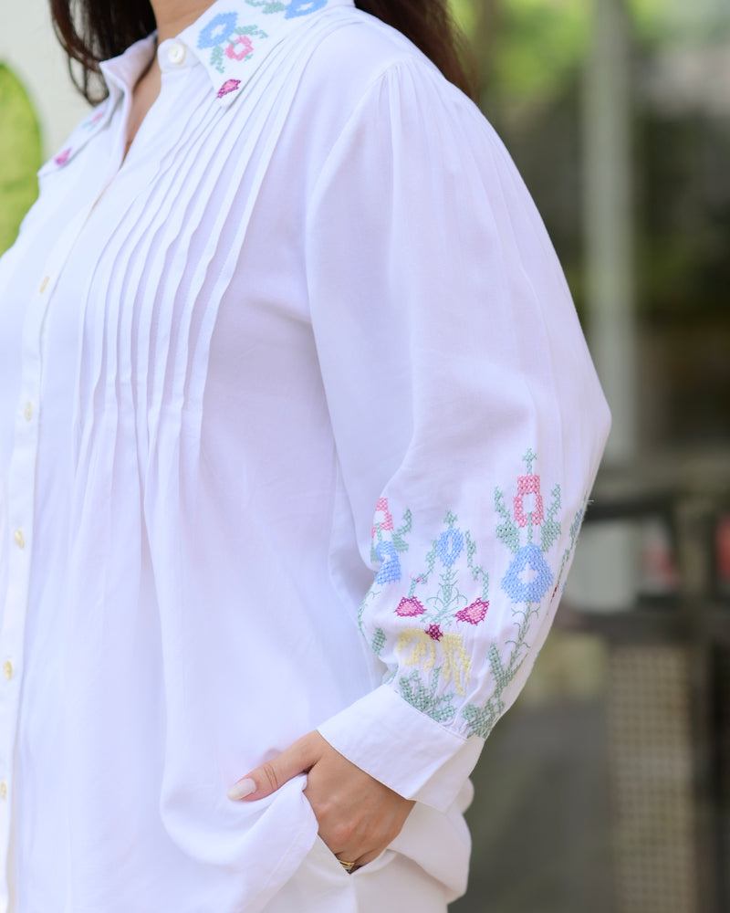 White Threadwork Collar Cotton Co-ord