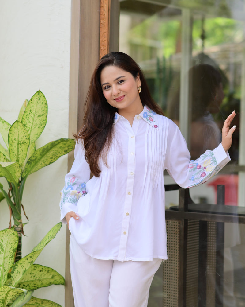 White Threadwork Collar Cotton Co-ord