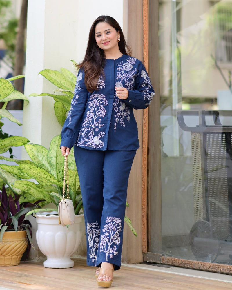 Navy Blue Threadwork Cotton Co-ord