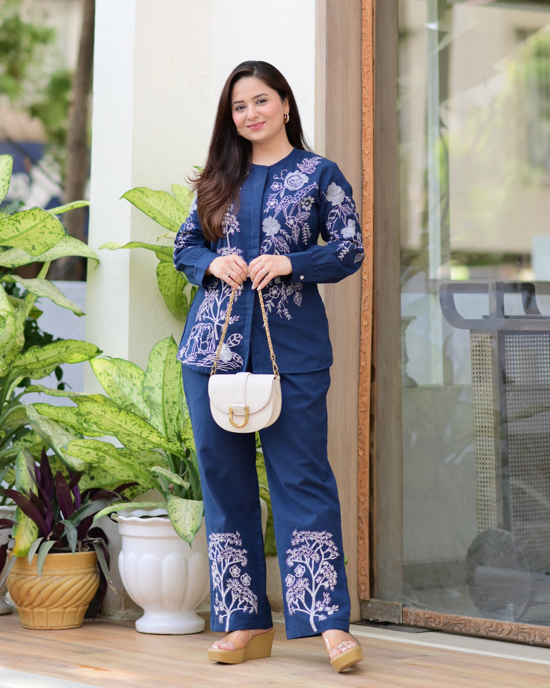 Navy Blue Threadwork Cotton Co-ord