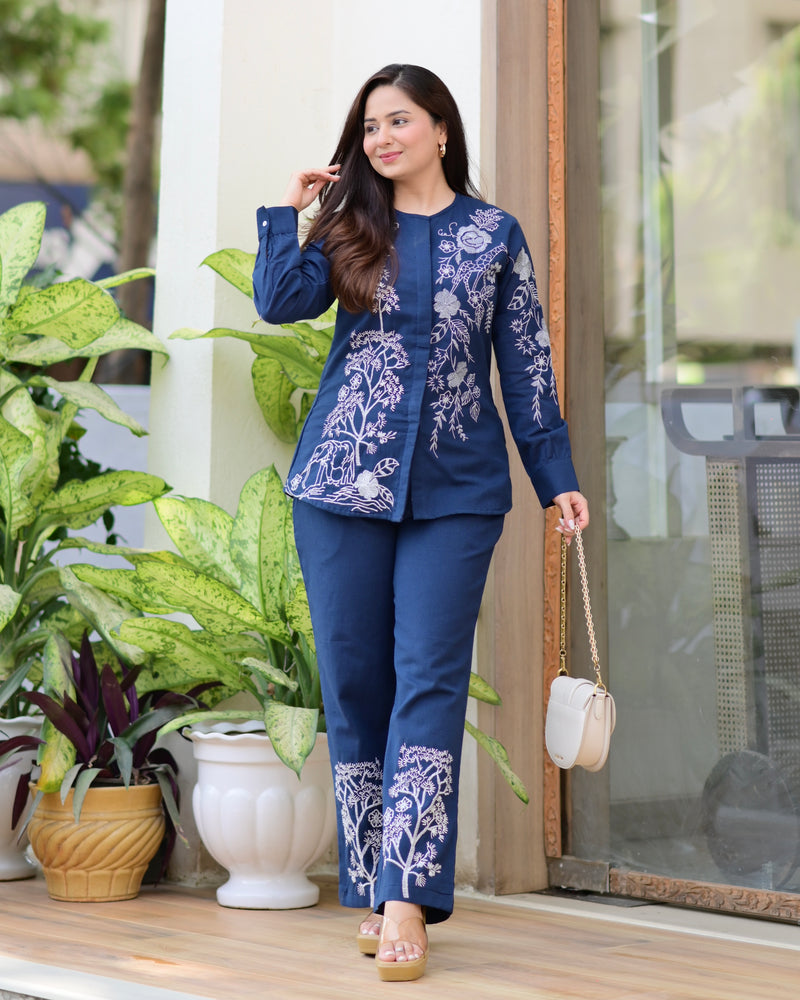 Navy Blue Threadwork Cotton Co-ord