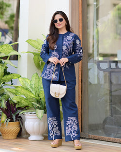 Navy Blue Threadwork Cotton Co-ord