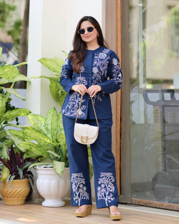 Navy Blue Threadwork Cotton Co-ord