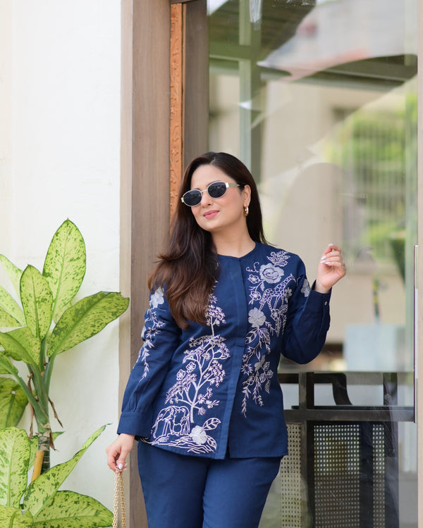 Navy Blue Threadwork Cotton Co-ord