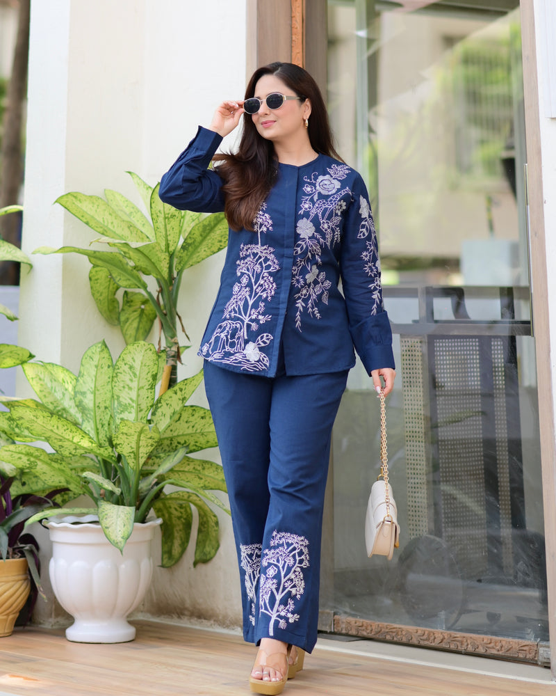 Navy Blue Threadwork Cotton Co-ord