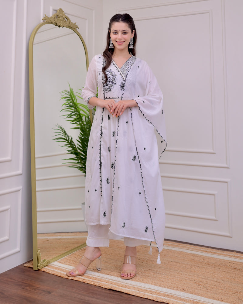 White Black Threadwork Mul Cotton A Line Suit
