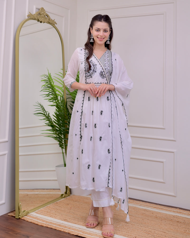 White Black Threadwork Mul Cotton A Line Suit