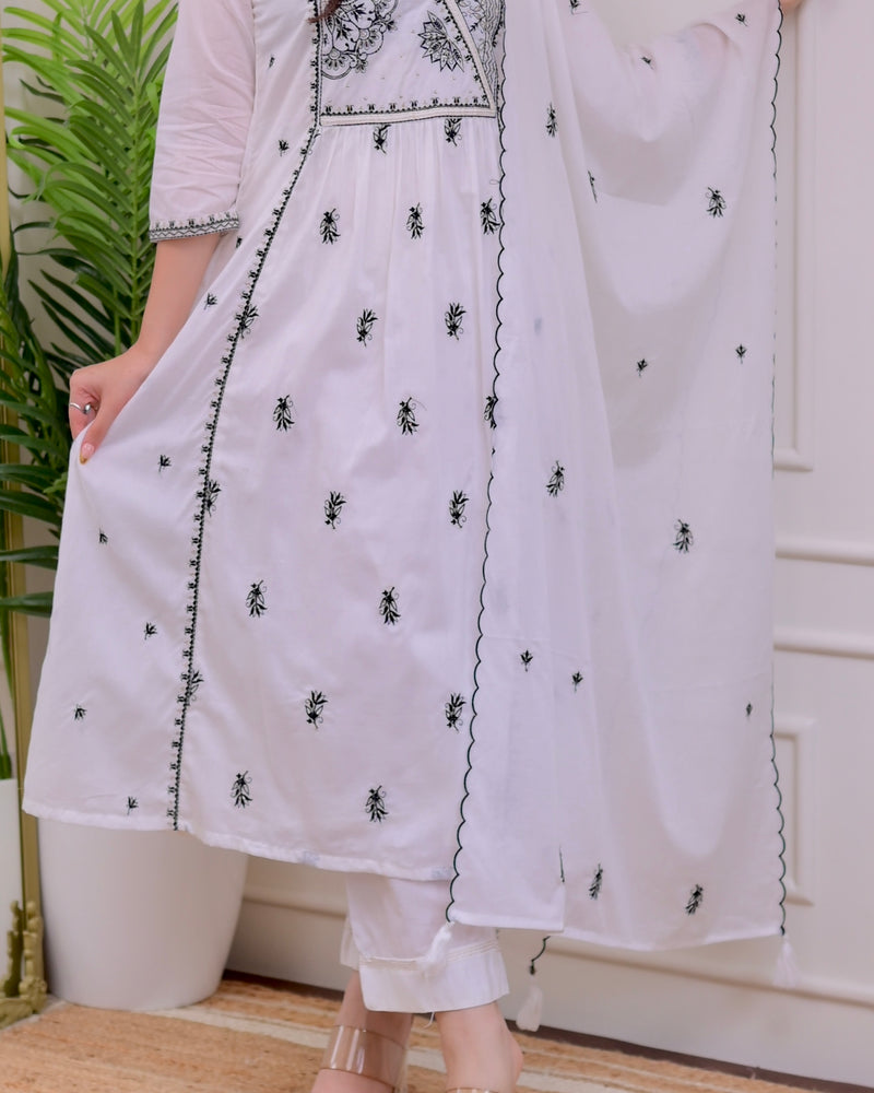 White Black Threadwork Mul Cotton A Line Suit