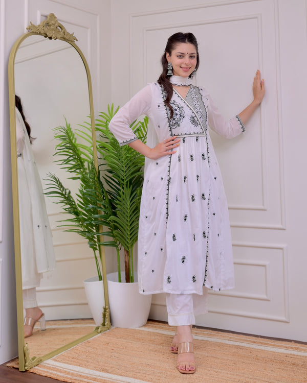 White Black Threadwork Mul Cotton A Line Suit