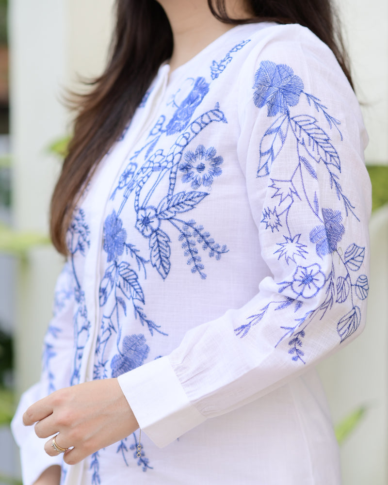 White Blue Threadwork Cotton Co-ord