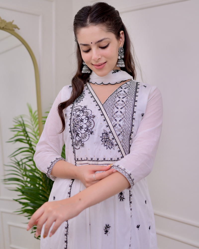 White Black Threadwork Mul Cotton A Line Suit