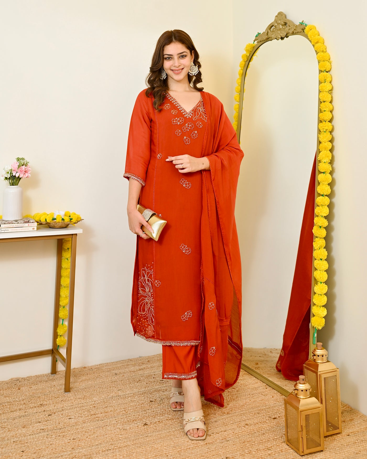 Saffron Blossom Handwork Mul Chanderi Suit