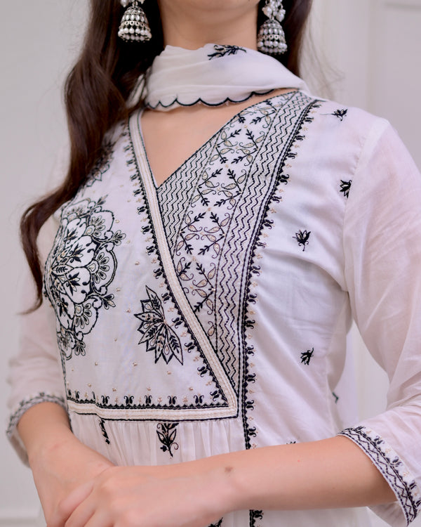 White Black Threadwork Mul Cotton A Line Suit