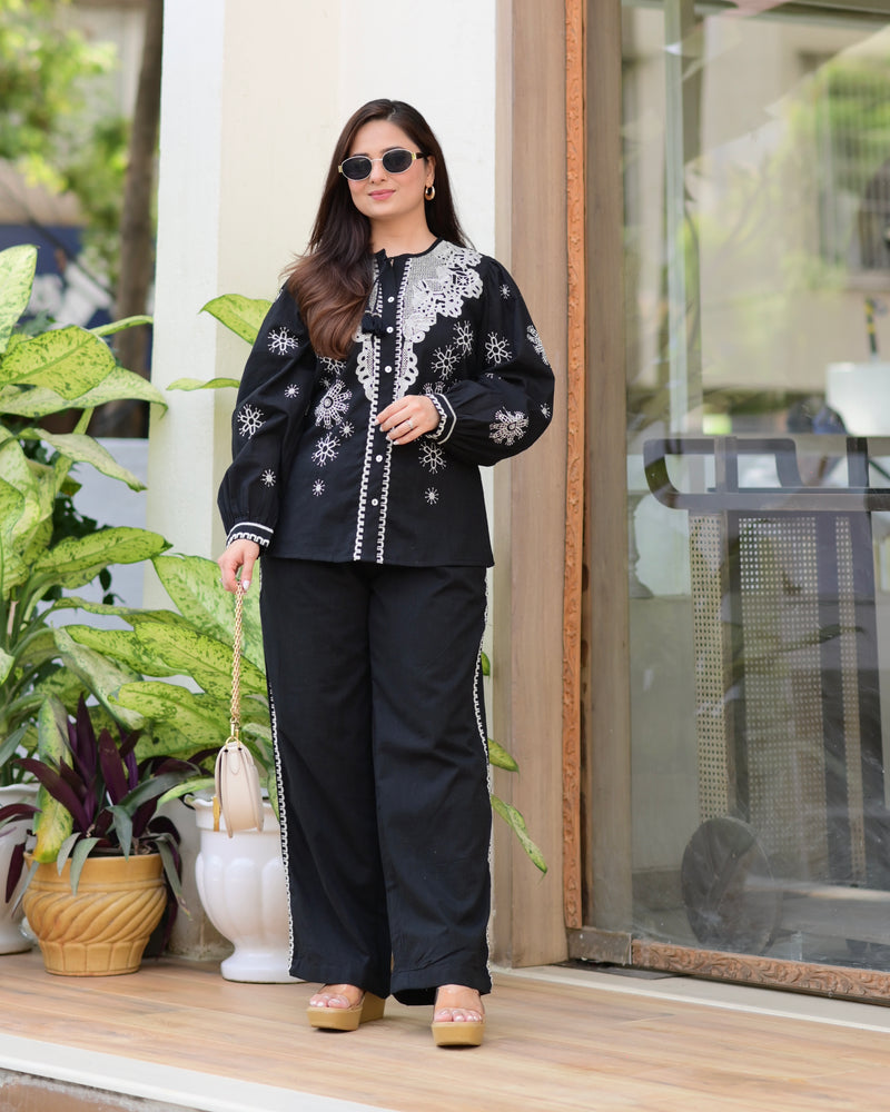 Black Threadwork Cotton Co-ord Set