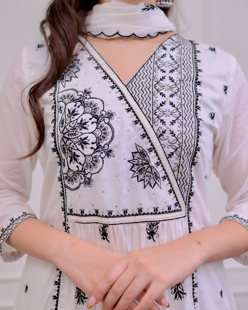 White Black Threadwork Mul Cotton A Line Suit