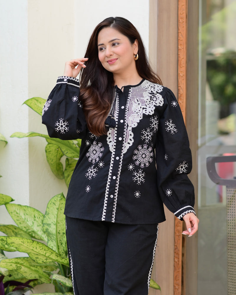 Black Threadwork Cotton Co-ord Set