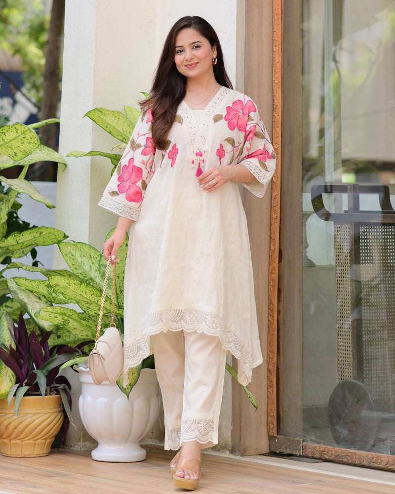Ivory Pink A Line Handwork Pakistani Co-ord