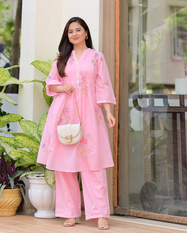 Pink Mul Cotton Threadwork A Line Kurta Set
