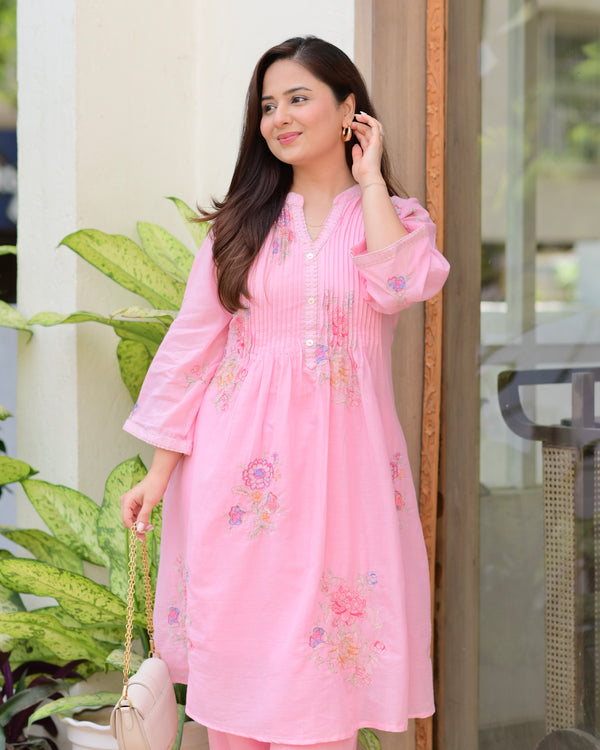 Pink Mul Cotton Threadwork A Line Kurta Set