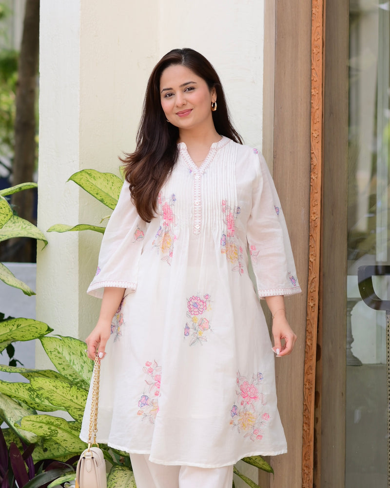 Ivory Mul Cotton Threadwork A Line Kurta Set