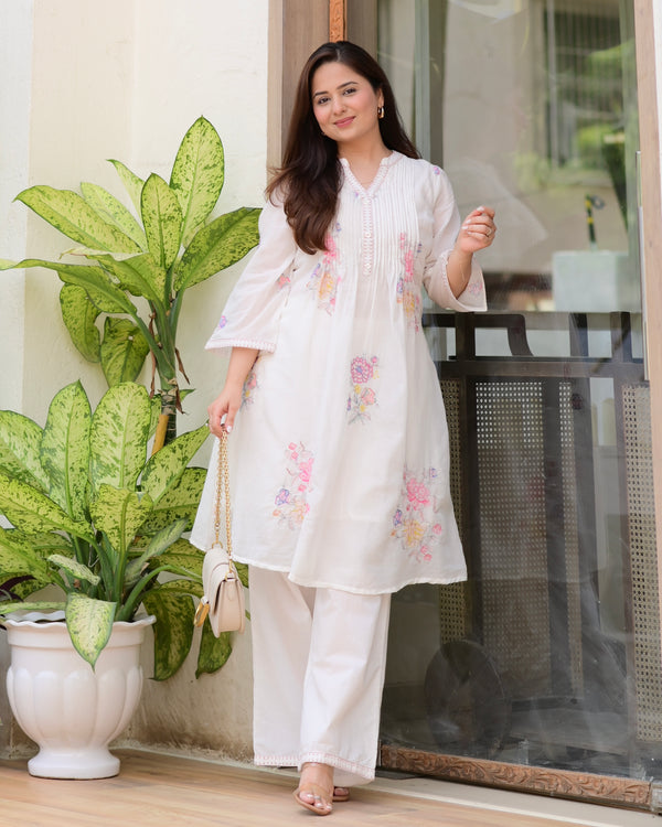 Ivory Mul Cotton Threadwork A Line Kurta Set