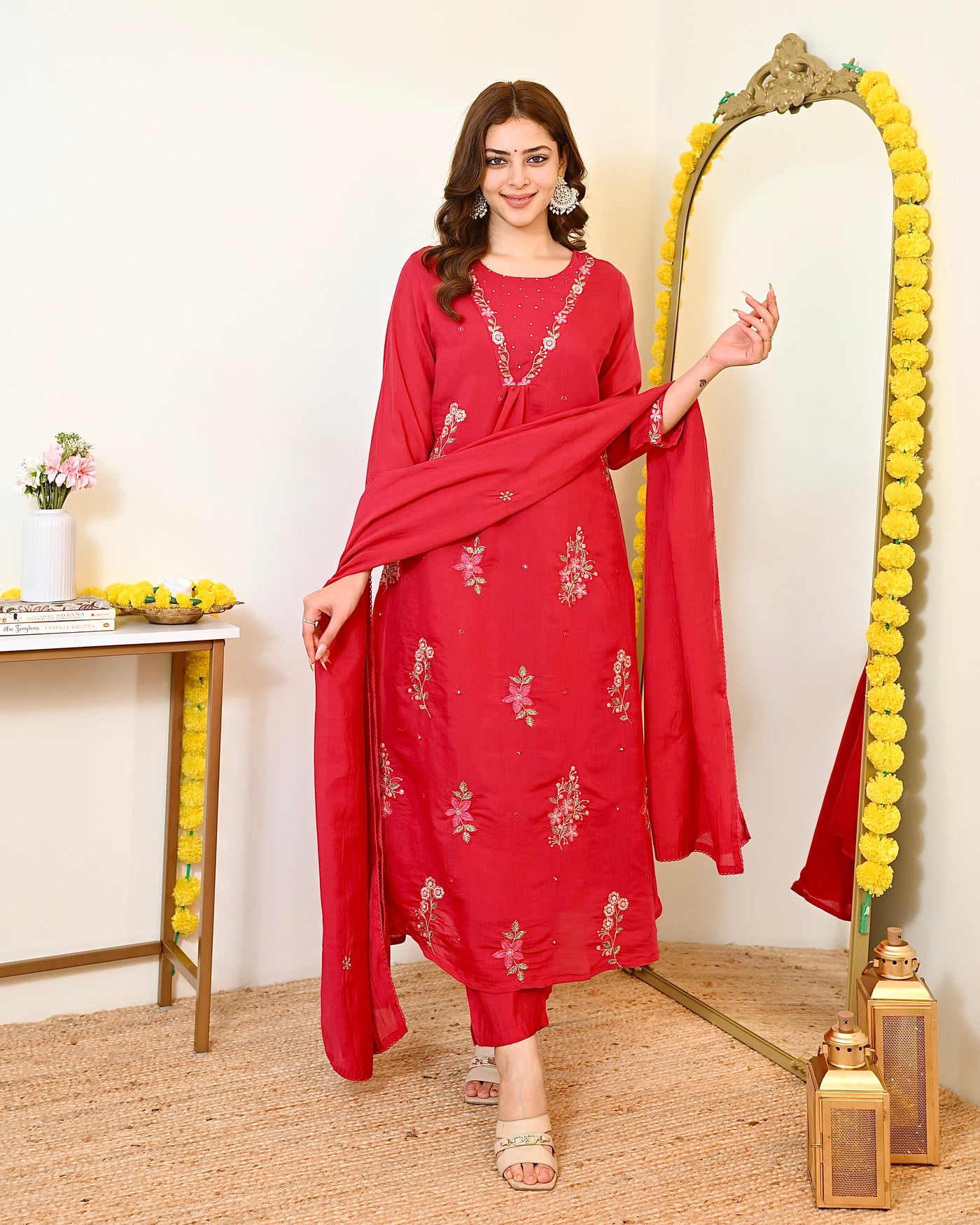Mehr Rani Threadwork Mul Chanderi A Line Suit