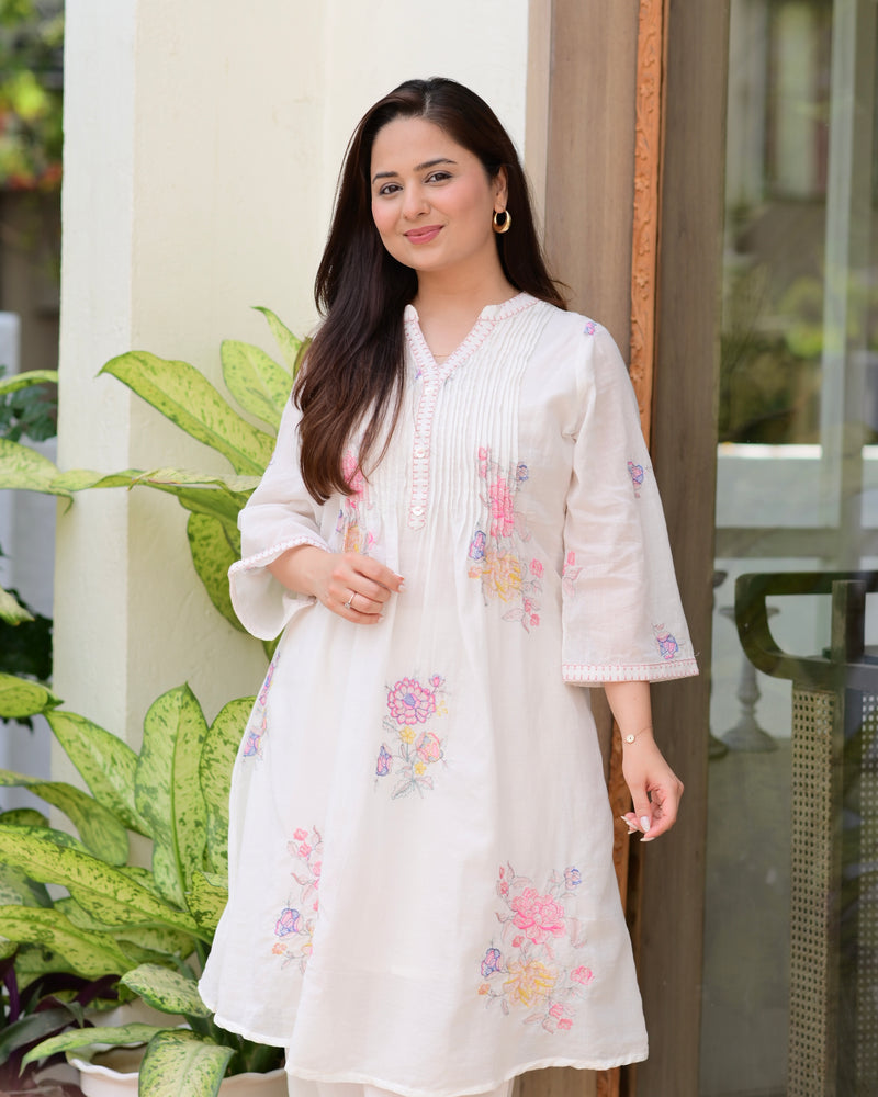 Ivory Mul Cotton Threadwork A Line Kurta Set