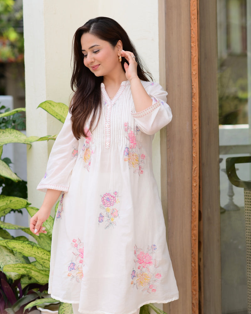 Ivory Mul Cotton Threadwork A Line Kurta Set