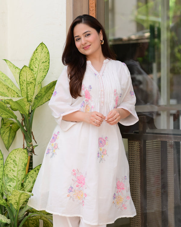 Ivory Mul Cotton Threadwork A Line Kurta Set