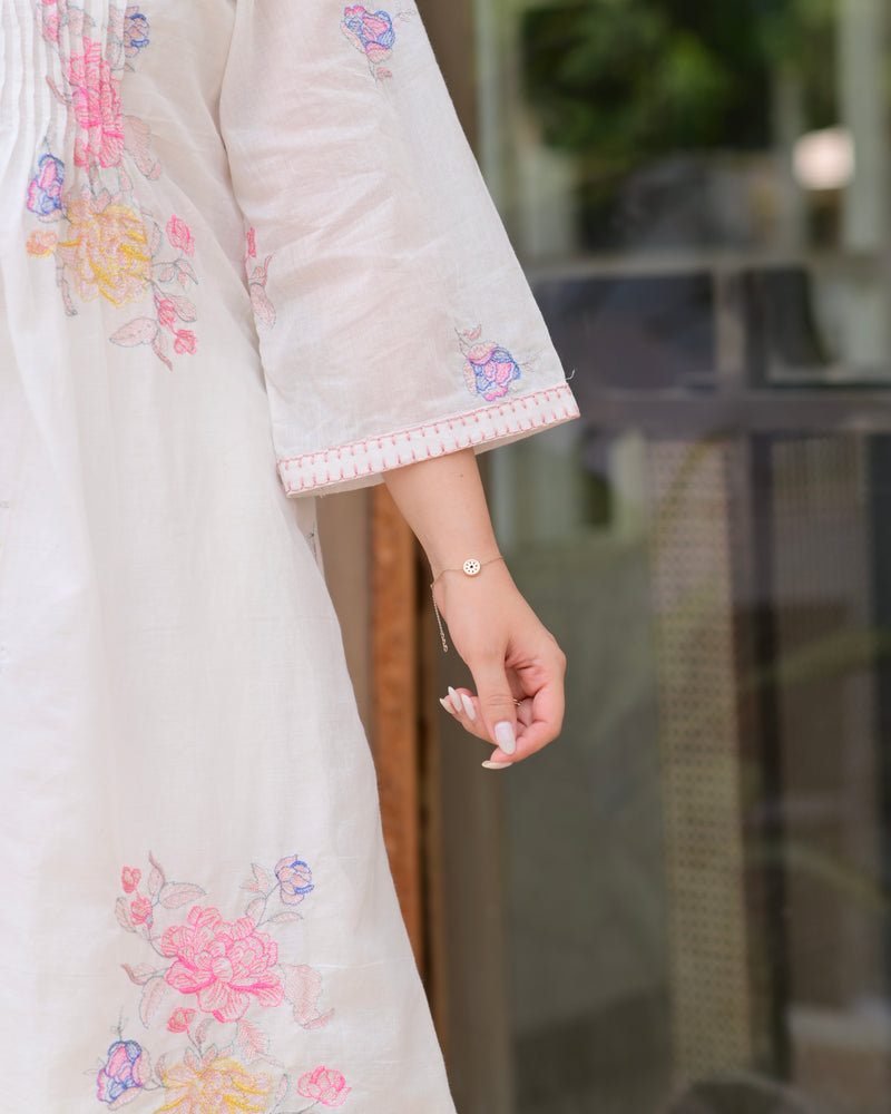Ivory Mul Cotton Threadwork A Line Kurta Set